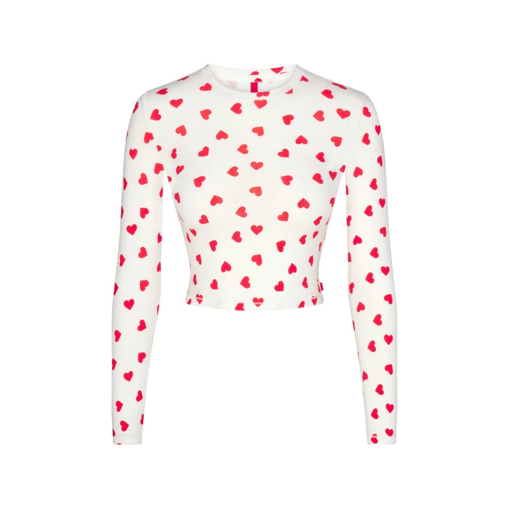 SKIMS Sleep Super Cropped Long Sleeve in Ruby and Marble Heart